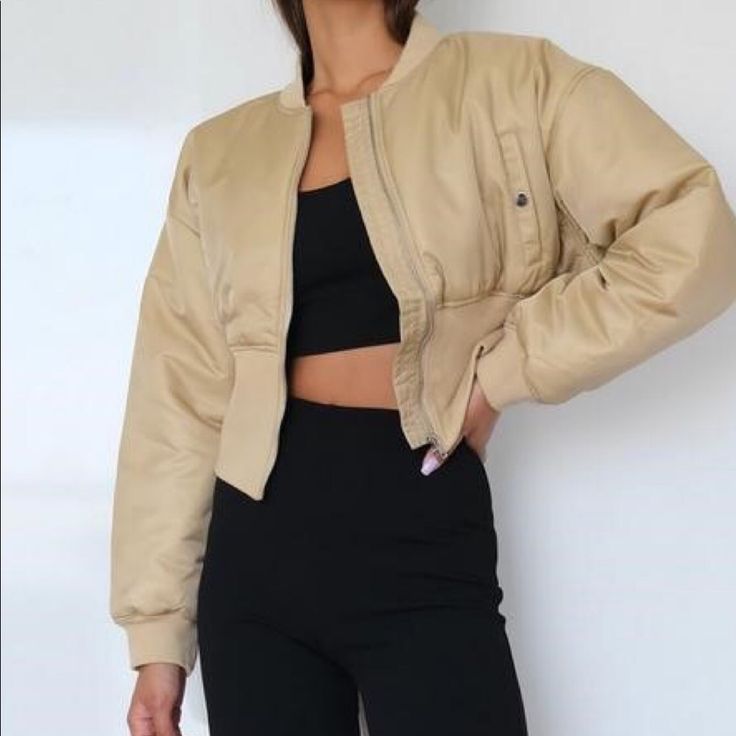 Women’s Tan Bomber Jacket Jacket Tank Top Outfit, Fitted Beige Utility Jacket For Winter, Fitted Khaki Cropped Jacket For Winter, Spring Khaki Outerwear With Zipper Closure, White High Waisted Jeans, Tank Top Outfit, Nude Shorts, Ripped High Waisted Jeans, Season Outfits