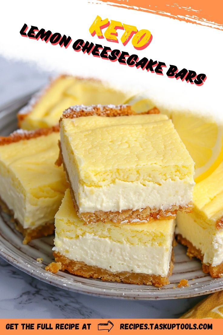 lemon cheesecake bars stacked on top of each other with the words keto below