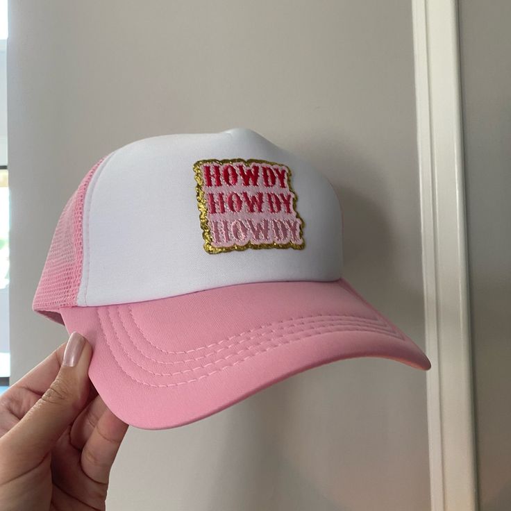 Pink “Howdy Howdy Howdy” Trucker Hat Brand New; Never Worn White Snapback Mini Hats For Spring, White Flat Brim Baseball Cap For Rodeo, White Adjustable Trucker Hat For Rodeo, Trendy White Trucker Hat With Short Brim, White Trucker Hat For Summer Rodeo, Fun White Trucker Hat With Short Brim, Trendy White Mini Hat With Curved Brim, Trendy White Mini Baseball Cap, Trendy White Trucker Hat For Rodeo