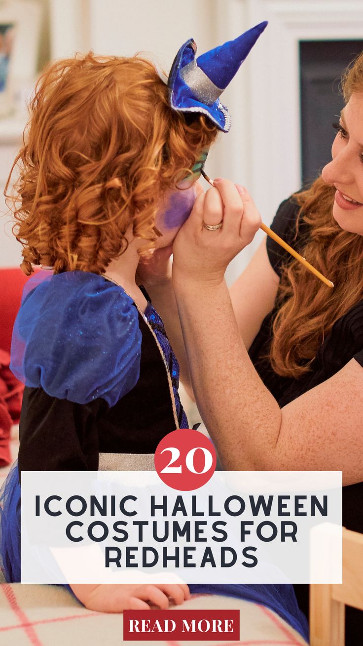 a woman is painting a child's face with the words 20 iconic halloween costumes for redheads