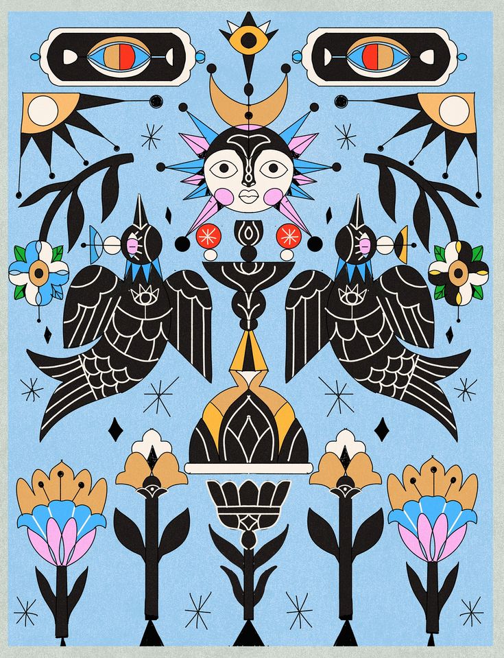 an art work with birds and flowers on blue background, surrounded by other decorative objects