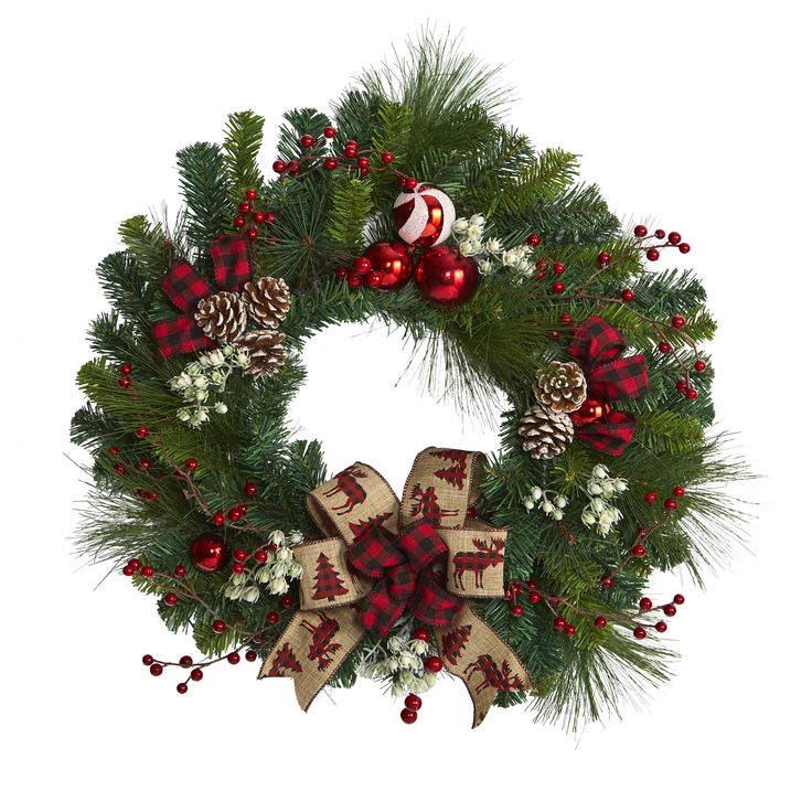 a christmas wreath with red and white decorations