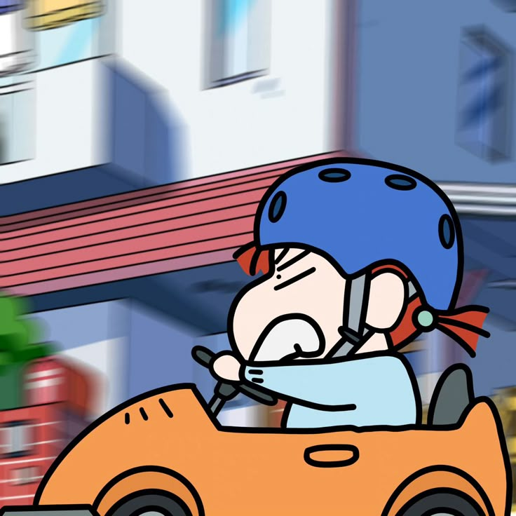 a cartoon car driving down the road with a person in it's helmet on