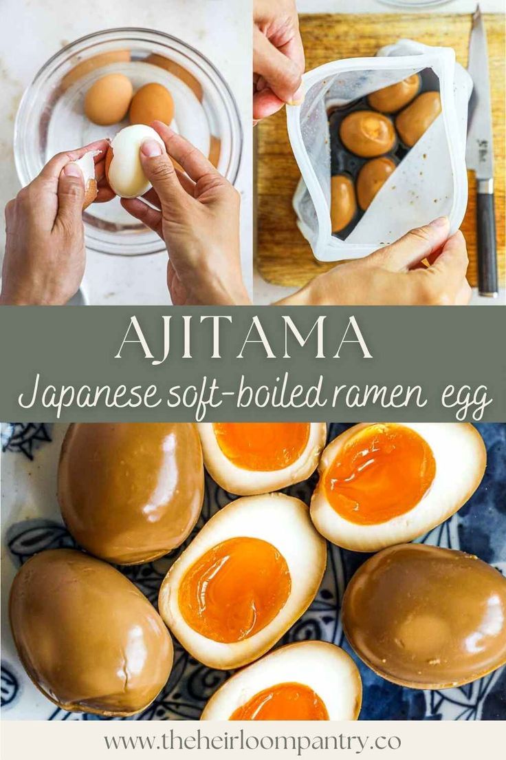 japanese soft boiled anemone egg is shown in three different photos with text overlay