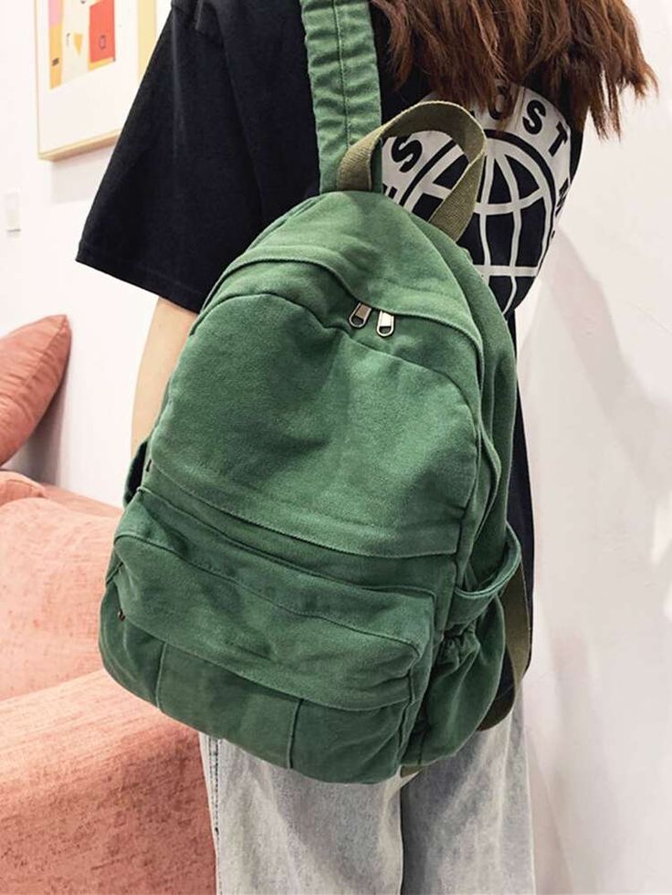 Pocket Front Canvas Backpack | SHEIN USA Backpack Aesthetic, Green Backpack, Aesthetic Backpack, Backpack Outfit, Travel Canvas, Green Backpacks, Large Capacity Backpack, Slides Women, Hooded Dress