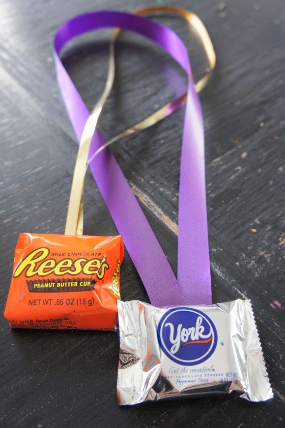 a candy bar and ribbon on a table