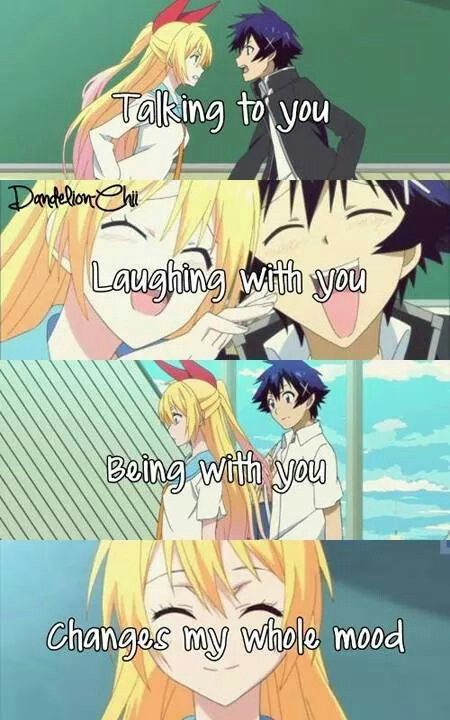 two anime characters with the caption saying talking to you laughing with you being with you changes my whole mood