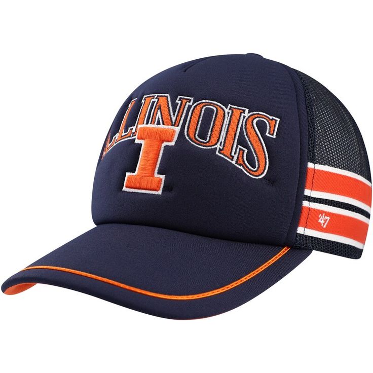 the hat is blue and has an orange stripe on it, while the word illinois is in