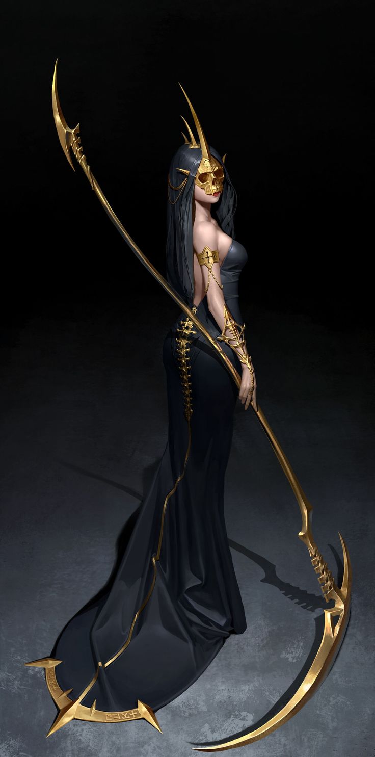 a woman dressed in black and gold holding an arrow