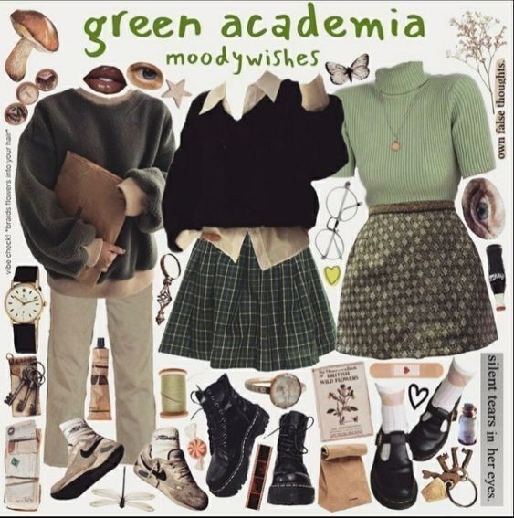 Transfemme Fashion Tips, Preppy Vintage Outfits, Witchcore Outfit Male, Library Chic Outfits, Green Academia Aesthetic Outfit, Green Academia Outfit, Soft Academia Aesthetic Outfits, Chaotic Academia Aesthetic Outfit, Cottagecore Lookbook