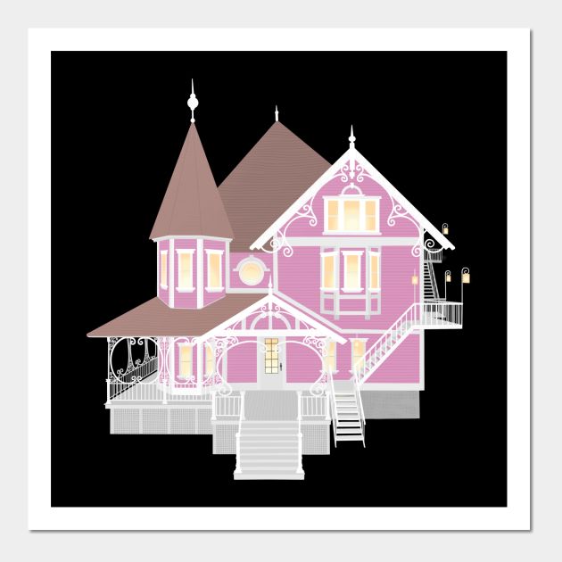 a drawing of a pink house with stairs