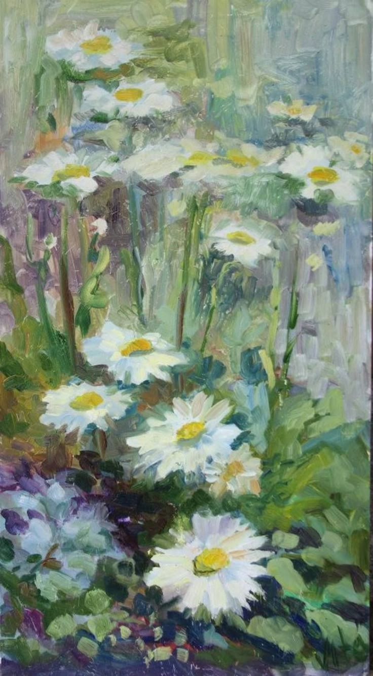 an oil painting of white daisies and other flowers