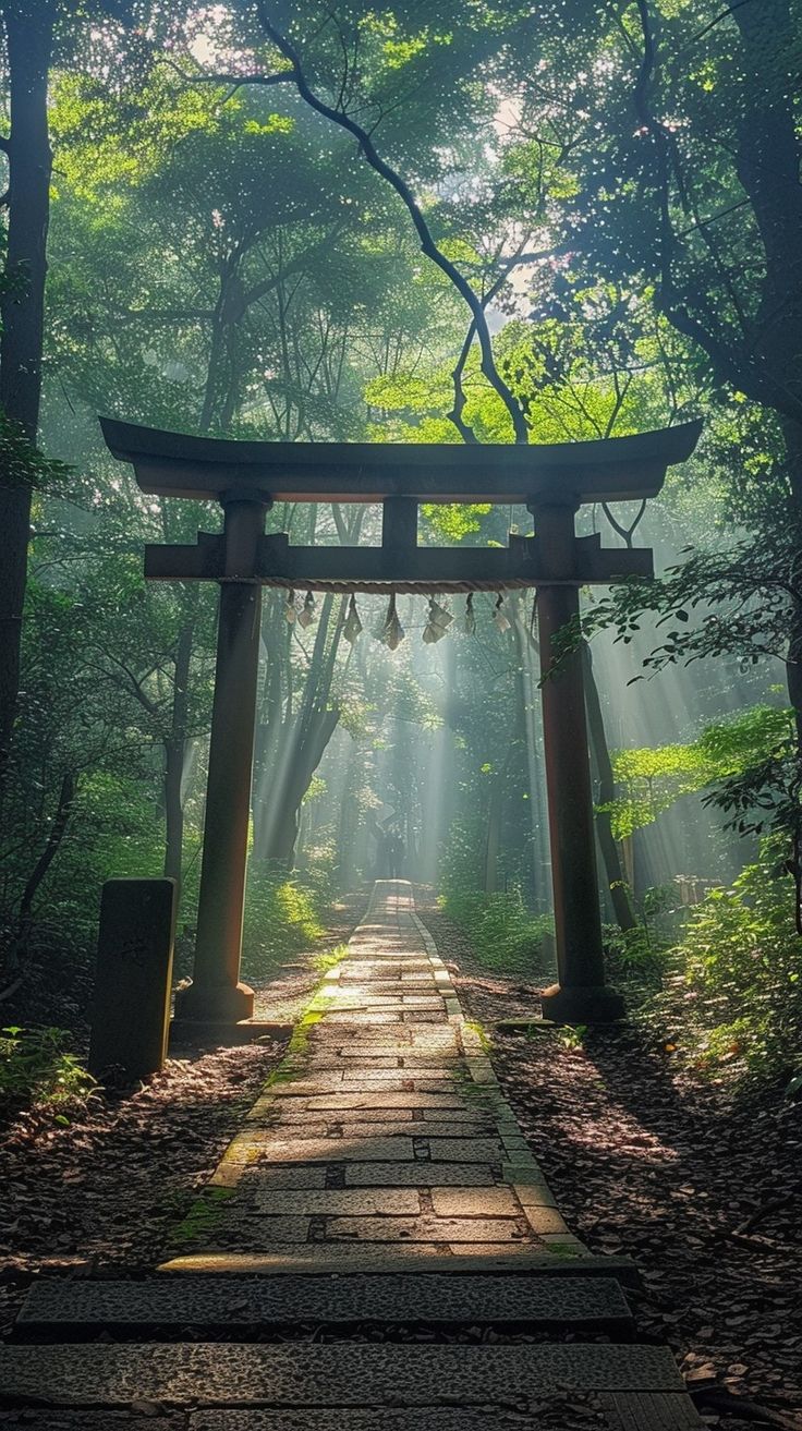 an archway in the middle of a forest with sunbeams shining down on it