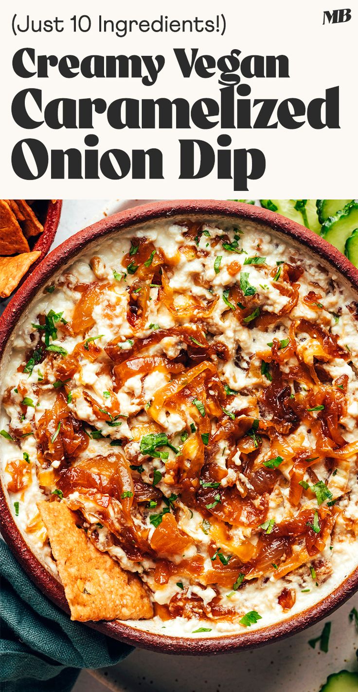 a bowl of creamy vegan caramelized onion dip