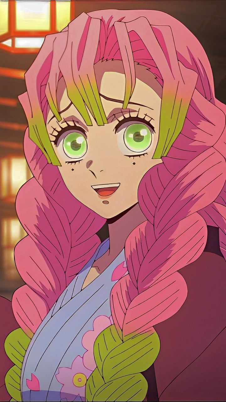 an anime character with pink hair and green eyes