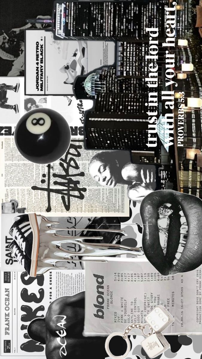 a collage of black and white photos with various items on top of each other