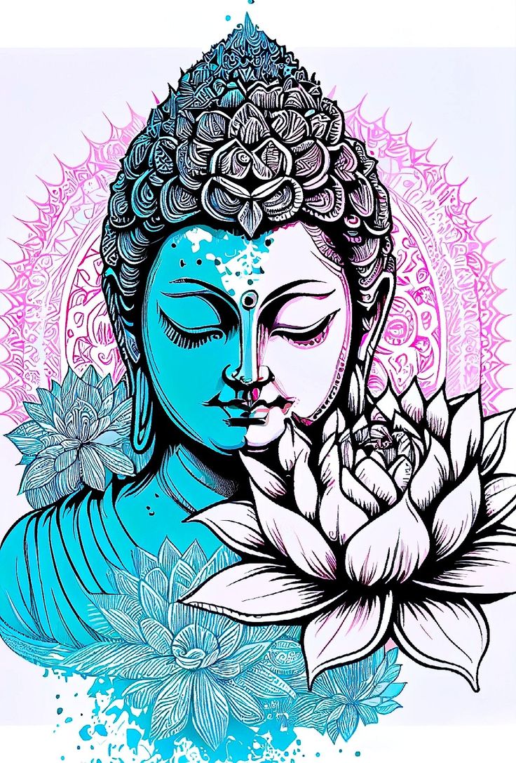 the buddha is holding a flower in her hand and she has eyes closed to the side