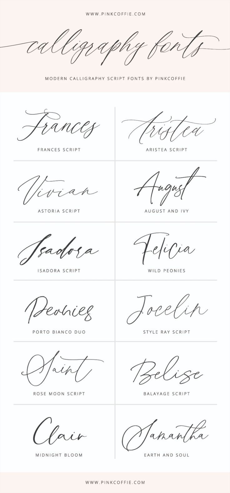 A selection of wedding and modern calligraphy script fonts + trendy hand-lettered script fonts created by PinkCoffie Modern Wedding Fonts, Wedding Fonts Calligraphy, Wedding Script Fonts, Romantic Script Fonts, Tattoo Script Fonts, Tattoo Fonts Cursive, Wedding Invitation Fonts, Calligraphy Script Fonts, Free Calligraphy Fonts