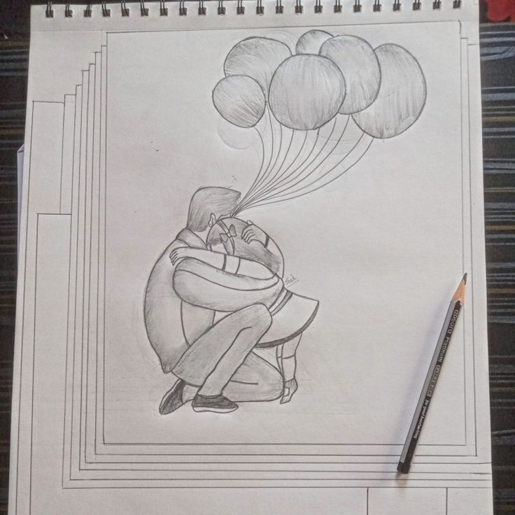 a pencil drawing of a man sitting on top of a chair with balloons floating from his head