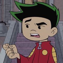 a cartoon boy with green hair pointing to the side while standing in front of stairs