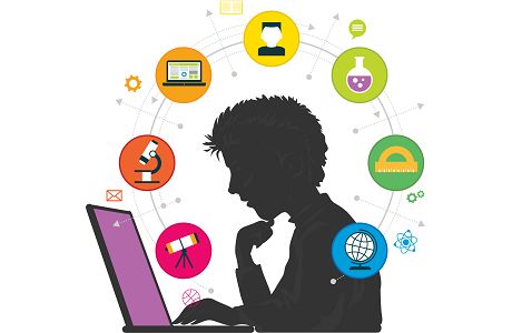 the silhouette of a man sitting in front of a laptop computer surrounded by various icons