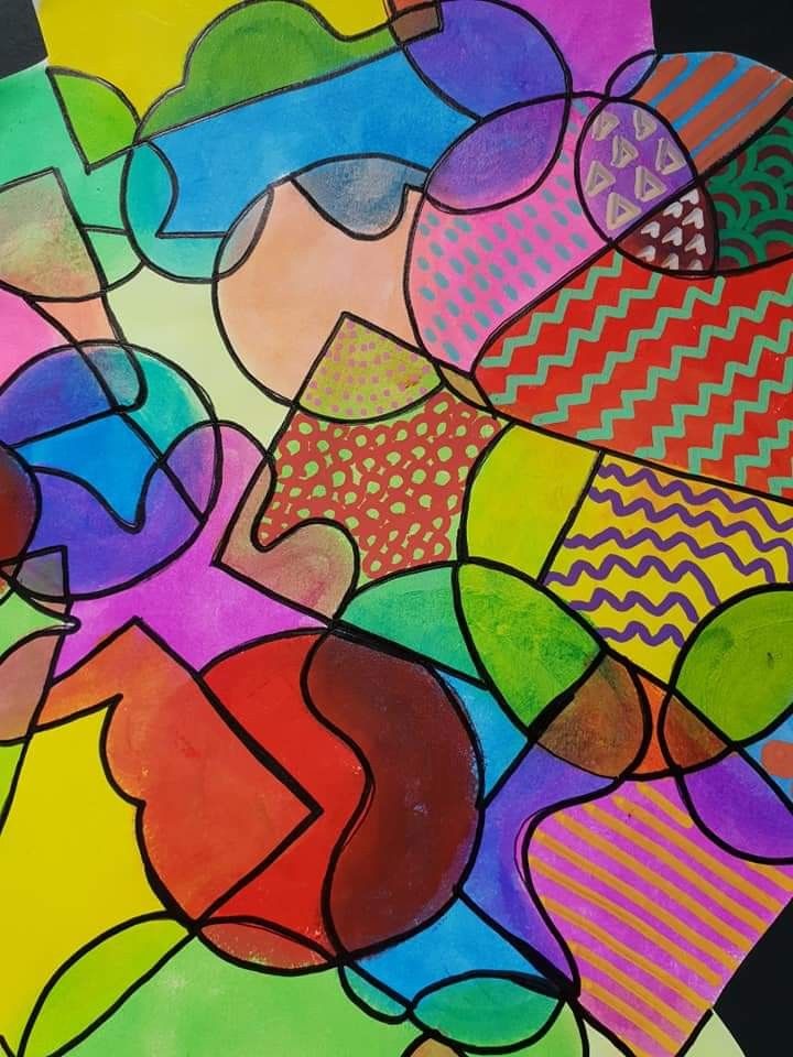 a painting with many different colors and shapes on it's surface, as well as an abstract design