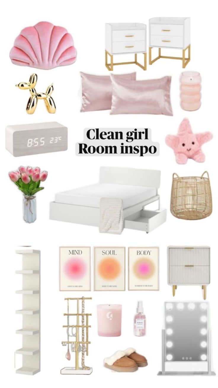 a collage of pink and white items with the words clean girl room inspo