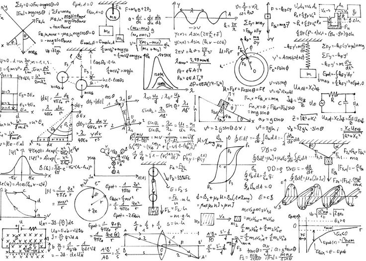 a black and white drawing with many calculations on it