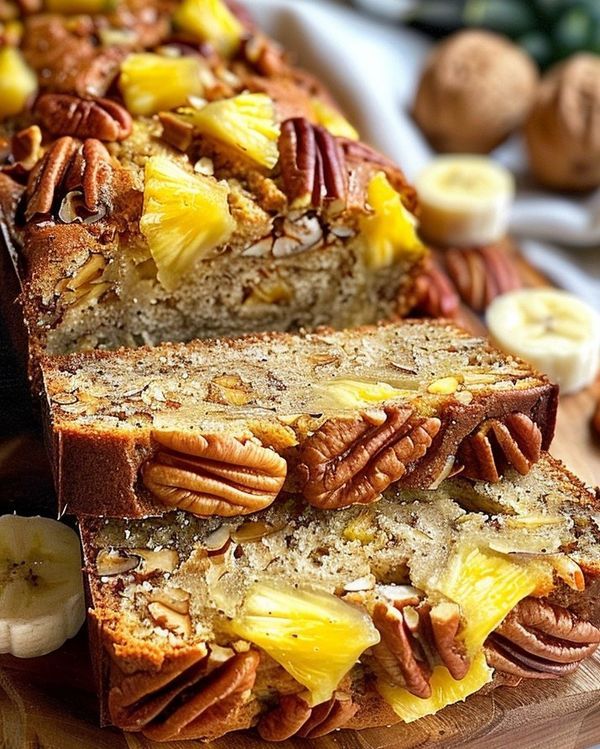 a loaf of banana nut bread on a cutting board with sliced bananas and pecans