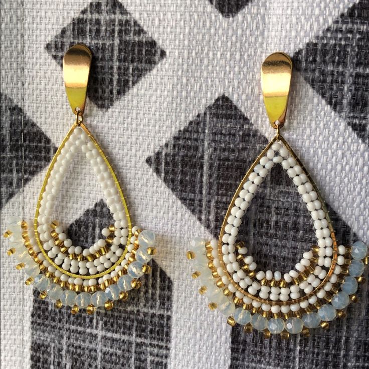 Gorgeous Handmade Tear Drop Earrings With White And Gold Beads. New, Never Worn. Update: Slight Tiny Discoloring On One Of The Flat Gold Parts, Hardly Visible. Will Ship Asap. Also Available In Black White Pearl Beaded Drop Earrings, White Pearl Drop Beaded Earrings, Pearl Beaded Teardrop Earrings, White Beaded Teardrop Earrings, White Teardrop Dangling Beads Jewelry, White Beaded Teardrop Jewelry, White Earrings With Colorful Beads For Party, White Teardrop Jewelry With Dangling Beads, White Pearl Beaded Bohemian Earrings