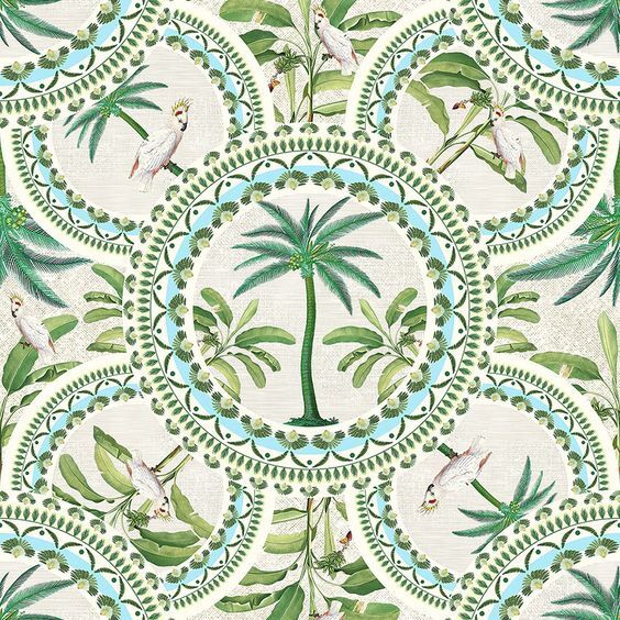 a circular design with birds and palm trees on it's sides, in shades of green