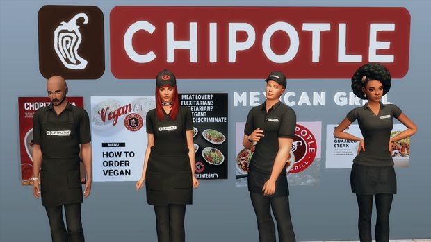 five people standing in front of a chipotle sign