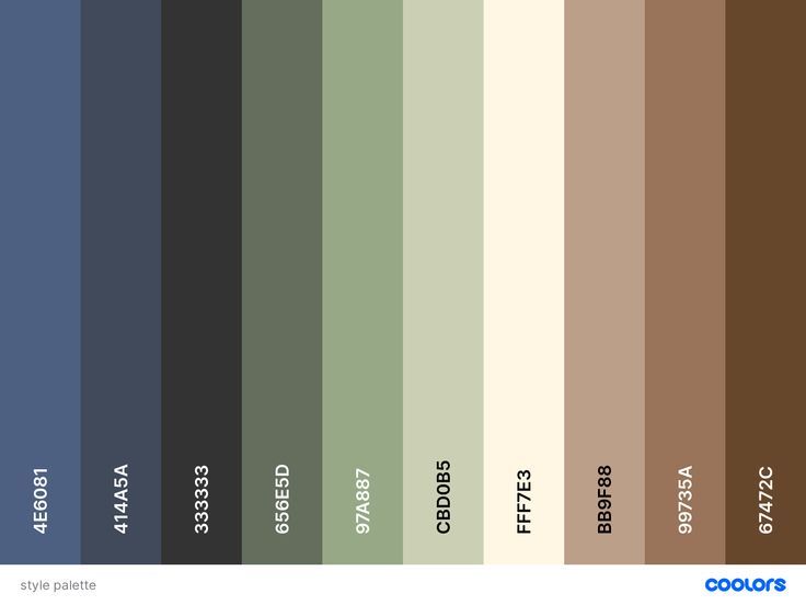 the color scheme for an interior paint swatch in shades of brown, green and blue