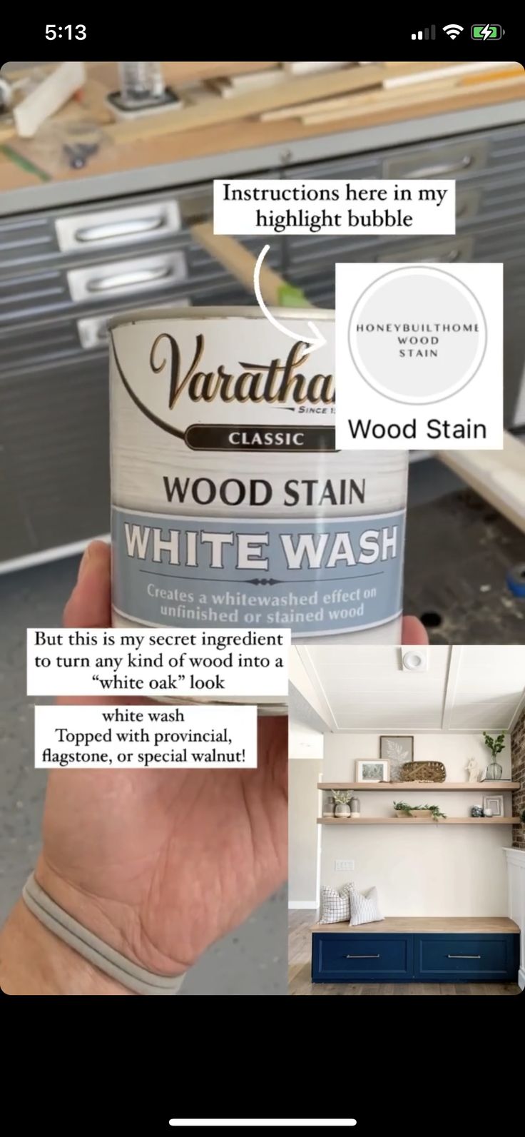 a person holding up a can of wood stain in their hand and the words, white wash on it