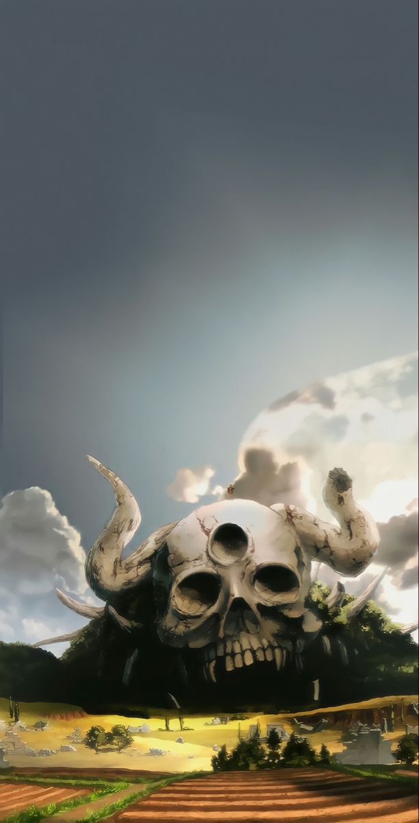 a painting of a skull in the middle of a field