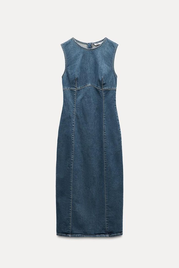 TRF DENIM MIDI DRESS - Blue | ZARA United States Round Neck Dress, Denim Midi Dress, Midi Denim, Dress Fitted, Shirt Blouses Tops, Round Neck Dresses, Leather Shirt, Blue Midi Dress, Dress With Cardigan