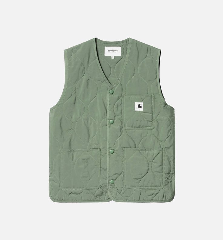 The Women's Skyler Vest is constructed from recycled polyester ripstop with an onion-quilted lining. The item has a collarless V-neck and a snap-buttoned closure. It is also detailed with three front pockets and a woven Square Label. Sonic Silver, Vest Womens, Walking Boots, Fishing Outfits, Fleece Joggers, Carhartt Wip, Shop Mens Clothing, Square Quilt, Green Jacket