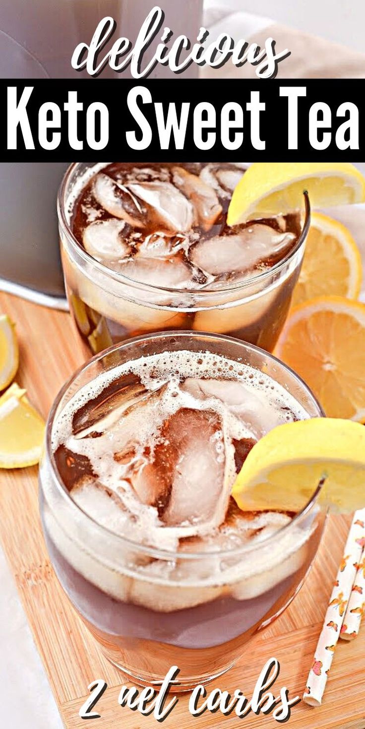 two glasses filled with iced tea and lemons on top of a wooden cutting board