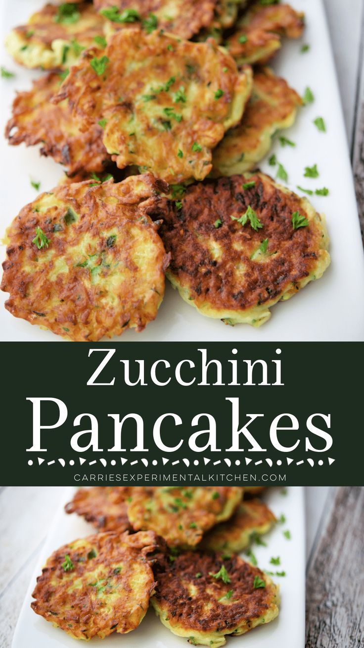 zucchini pancakes on a white plate with parsley