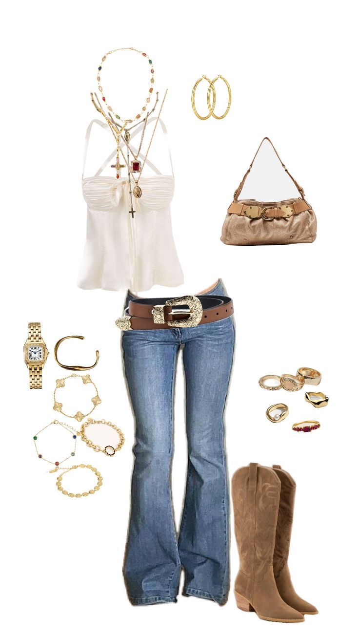 cowboy boots, vintage belt, beige top, low rise flare jeans Cowboy Boot Outfits Winter, Cowboy Boots And Jeans Outfit, Jeans And Cowboy Boots Outfit, Cowboy Boot Outfits With Jeans, Cowboy Boots With Jeans, Jeans With Cowboy Boots, Low Rise Flare Jeans Outfit, Cowboy Boots Outfit Winter, Flare Jean Outfit