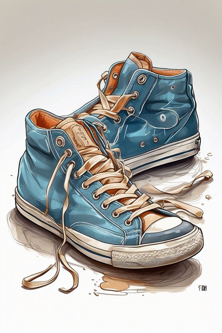 a pair of blue sneakers sitting on top of a white floor next to a shoelace