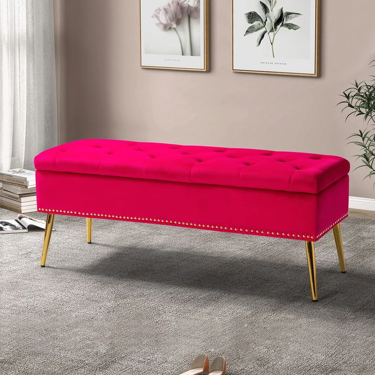 PRICES MAY VARY. 【VERSATILE & LARGE SPACE】This ottoman bench has a hidden storage space for you to set additional clutter, helping you organize your room efficiently. You can put it at the end of the bed to store blankets and pillows, also it can be used as shoe bench, footstool, storage chest, entryway bench, makeup stool, etc. 【HIGH QUALITY MATERIAL】This upholstered bedroom bench is covered with velvet 100% polyester fabric, which is gentle and skin-friendly to touch. The high-density foam sea Bench For End Of Bed, Velvet Storage Ottoman, Upholstered Bench Bedroom, Velvet Sleeper Sofa, Pink Bench, Storage Bench Bedroom, Pretty Storage, Upholstered Bedroom, Velvet Living Room