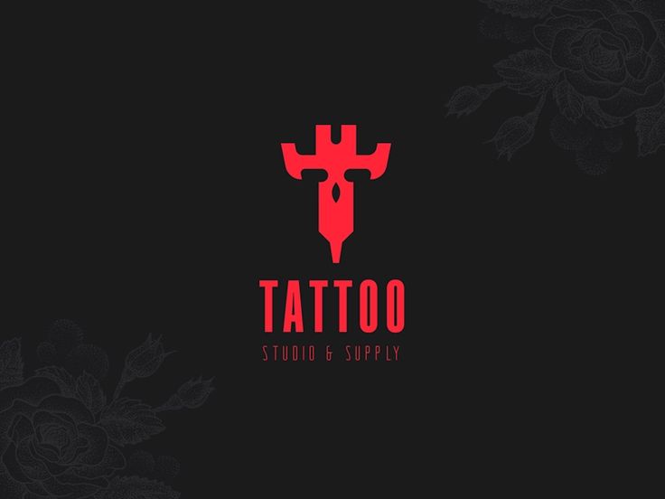 the logo for tattoo studio and supply is red on black with roses in the background