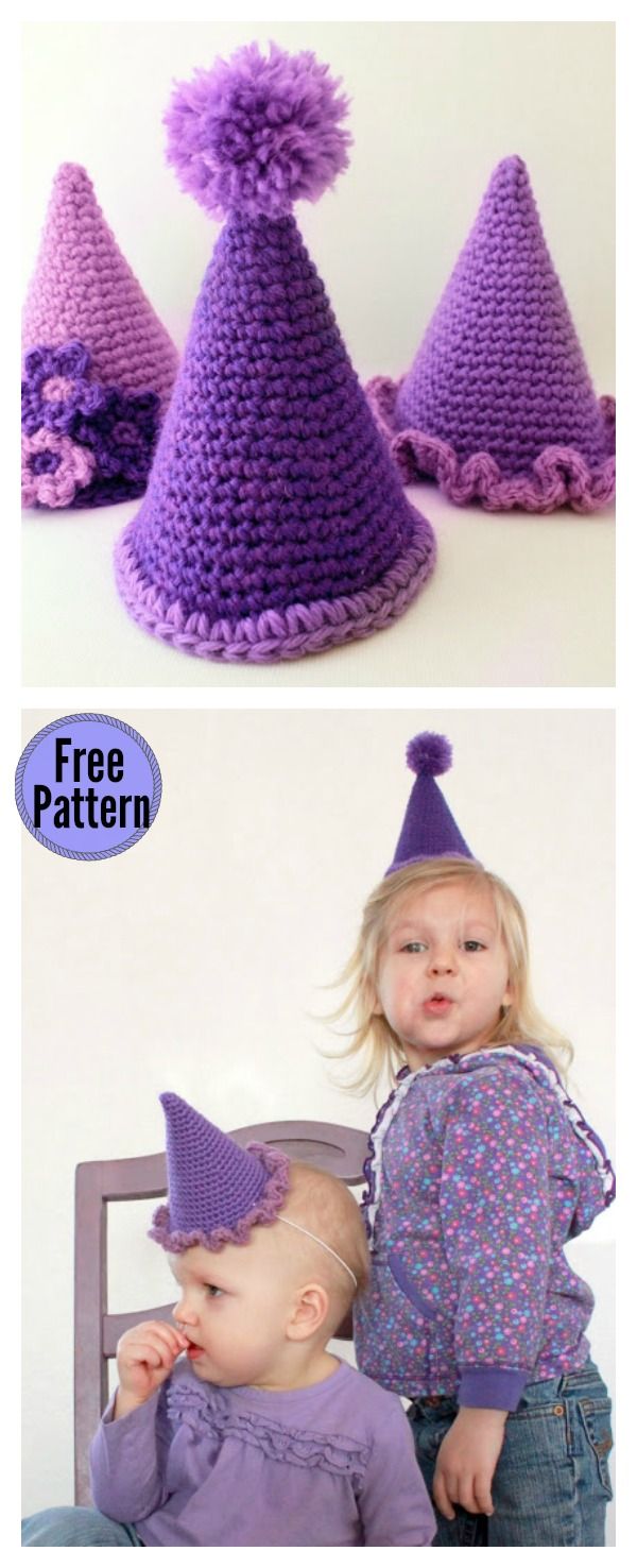 two pictures of children wearing crocheted hats