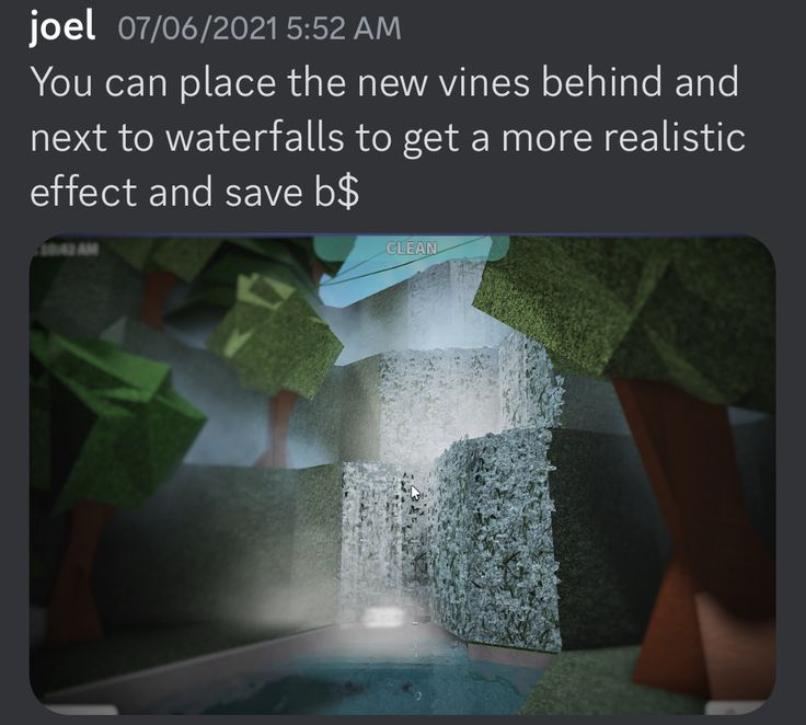 an image of a computer screen with the text breakinguppets you can place the new vines behind next to waterfalls to get a more realistic effect and save $ 3