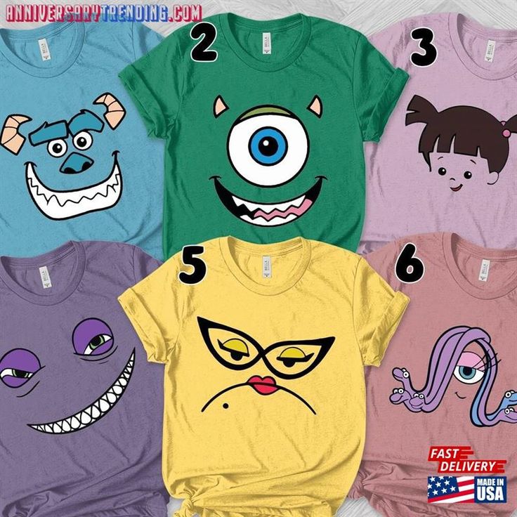 six t - shirts with cartoon faces on them, all in different colors and sizes