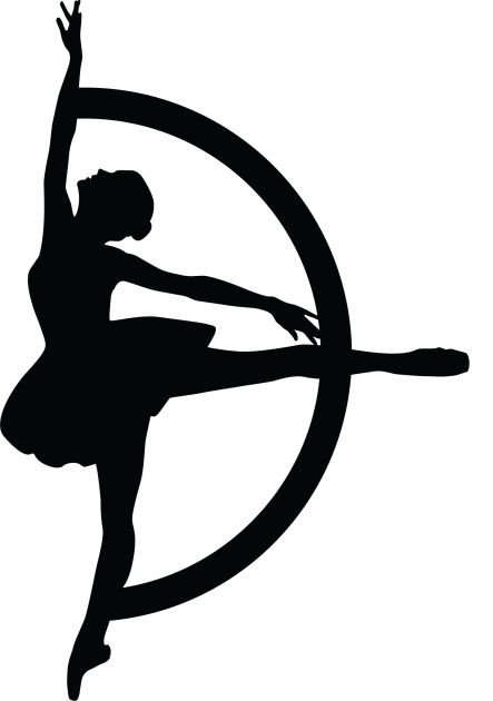 a black and white silhouette of a ballerina in a circle with her arms outstretched