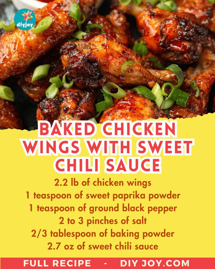 the flyer for baked chicken wings with sweet chili sauce is shown in red and yellow