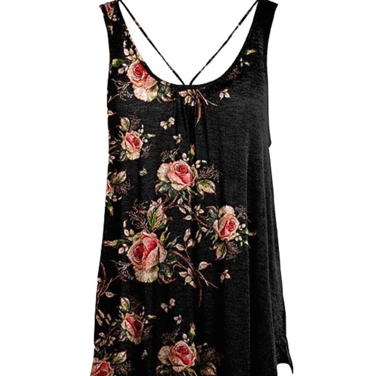 Roomy Tunic Tank. Flowy Boho Style. Brand New. Never Worn. Pretty Floral Detail. Black Floral Print Tank Top For Spring, Chic Black Floral Print Tank Top, Black Floral Print Tank Top For Summer, Black Floral Print Tank Top For Vacation, Black Floral Print Tank Top For Beach, Black Floral Print Tank Top For The Beach, Lace Sleeveless Top, Dressy Tank Tops, Floral Tank Top