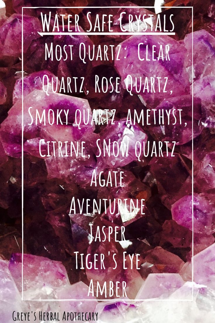 purple crystals with the words water safe crystals most quartz clear quartz, rose quartz, smoky quartz